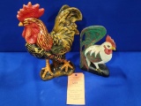 (2) ITEMS: WOODEN COLORED ROOSTER, GLASS ROOSTER
