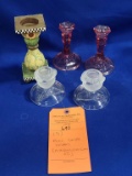 (5) MISC. CANDLE HOLDERS (PINK GLASS, CLEAR GLASS, ETC.)