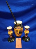 ROOSTER VASE W/2 MATCHING ROOSTER CANDLE HOLDERS