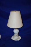 SMALL WHITE GLASS LAMP W/CREAM COLORED SHADE