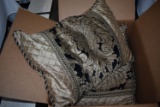 QUEEN GOLD/BLACK PILLOW CASES, BED SKIRT, DECORATIVE