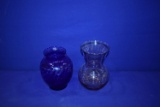 (2) GLASS VASES, BLUE & PURPLE