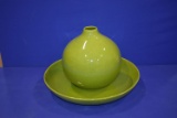 GREEN GLASS VASE W/TRAY