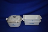 CORNING WARE SERVING DISH W/LID & (2) LOAF BAKING DISHES