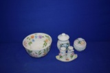 (4) MISC. GLASS SERVING PIECES: CREAMER, SALT &