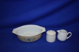 PYREX SERVING DISH, CREAMER & SUGAR SET