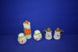 (2) SETS OF GLASS SALT SHAKERS, (2) FLORAL GLASS SALT SHAKERS