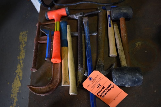 ASSORTED HAMMERS, MALLETS, CHISELS AND CLAMP