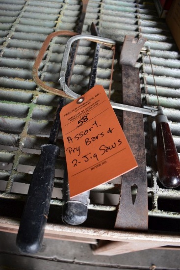 ASSORTED PRY BARS AND (2) JIG SAWS