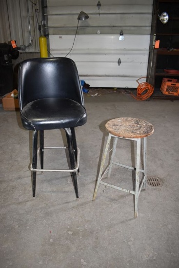 (2) METAL SHOP STOOLS, ONE HAS VINYL SEAT AND BACK