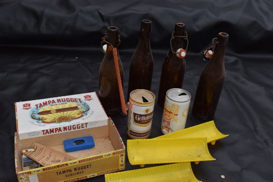(4) BEER BOTTLES, (2) BEER CANS, CIGAR BOX, CORN ON COB HOLDERS, MISC.