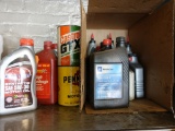 MISC. ITEMS IN BOX AND NEXT TO IT, MOTOR OIL,