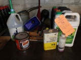MISC. ITEMS; FUNNELS, GALLON CONTAINERS OF FLUIDS, ETC.