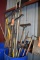 PLASTIC DRUM WITH HOES, SQUEEGEES, ROOF RAKES,