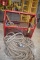 RED CRANE/HOIST BASKET WITH CONTENTS AND ROPE,