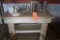 RUSTIC WOODEN TABLE WITH VINTAGE LIGHT FIXTURE GLOBES,