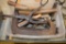 TOTE OF TOOLS- SEVERAL HAMMERS, LARGE C-CLAMP, ECT