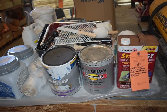 ASSORTED PAINT SUPPLIES- BRUSHES, PAINT, THINNER,