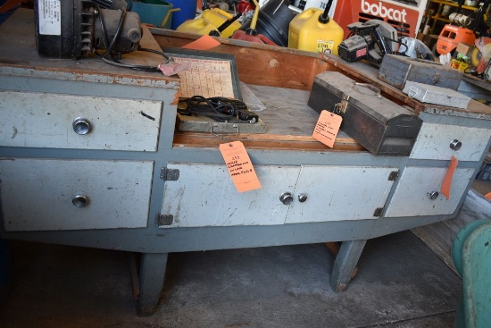 FIVE DRAWER WOODEN WORK TABLE WITH CONTENTS IN