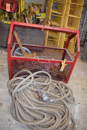 RED CRANE/HOIST BASKET WITH CONTENTS AND ROPE,