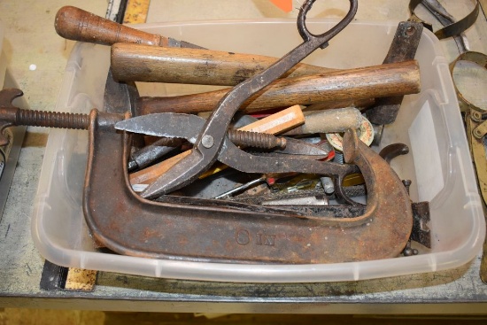 TOTE OF TOOLS- SEVERAL HAMMERS, LARGE C-CLAMP, ECT