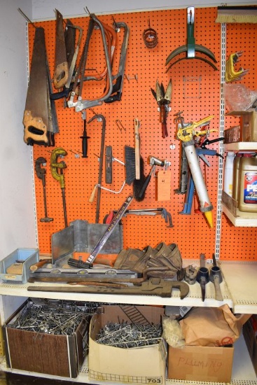 (2) BOXES OF PEG HOOKS, SAWS. PIPE CUTTERS,