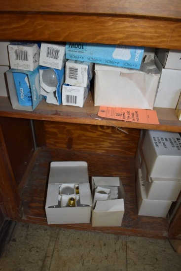 ASSORTED LIGHT BULBS ON THESE TWO SHELVES