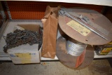 PARTIAL SPOOL OF CABLE, BOX OF CHAIN AND MISC ON