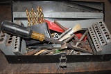 BLACK METAL BRILL BIT BOX- MOST BITS LOOSE AND/OR