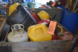 WOODEN CRATE WITH GAS CANS, DIESEL CANS, PROPANE