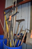 PLASTIC DRUM WITH HOES, SQUEEGEES, ROOF RAKES,