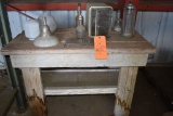 RUSTIC WOODEN TABLE WITH VINTAGE LIGHT FIXTURE GLOBES,