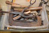 TOTE OF TOOLS- SEVERAL HAMMERS, LARGE C-CLAMP, ECT