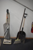 SCOOP SHOVEL, BROOM, ORECK VACUUM AND GARBAGE CAN