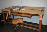 VINTAGE WOODEN DRAFTING TABLE WITH WOODEN STOOL,