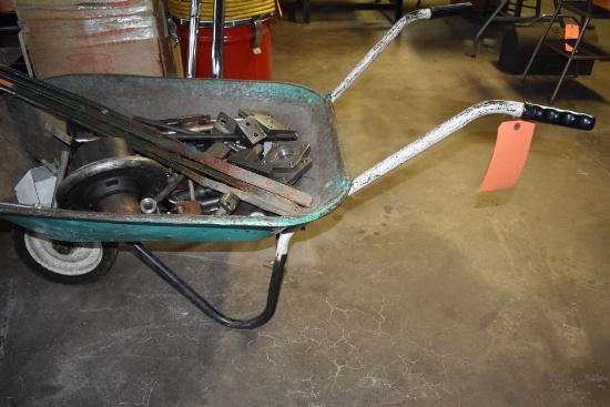 METAL WHEEL BARROW, GREEN WITH WHITE METAL TUB AND