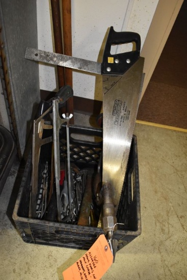 ASSORTED HAND TOOLS IN MILK CRATE; HAMMERS,