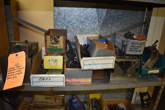 ENTIRE SHELF OF ASSORTED V-BLOCKS, BACKING PLATES,