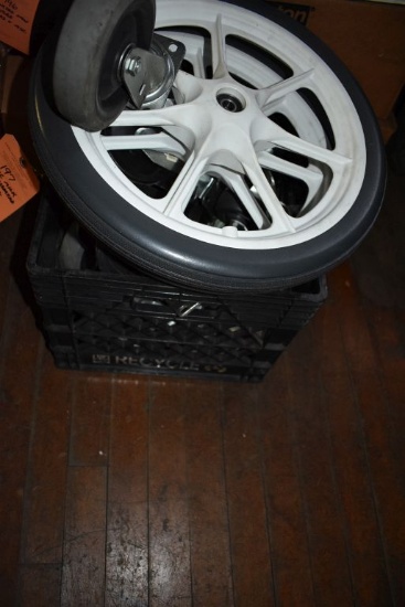 PLASTIC MILK CRATE OF ASSORTED CASTERS AND WHEELS