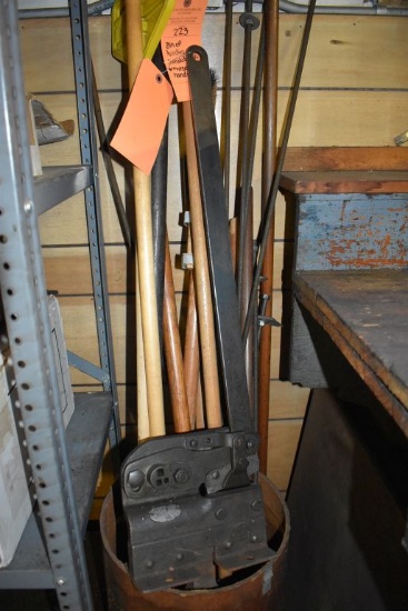 BIN OF HANDLES, THREADED ROD AND MISC. AND HAND SHEAR