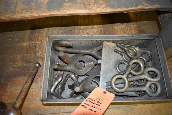 METAL BIN WITH ASSORTED EYE BOLTS AND MISC.