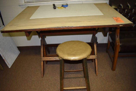 VINTAGE DRAFTING TABLE, 54" x 3' WITH WOOD STOOL
