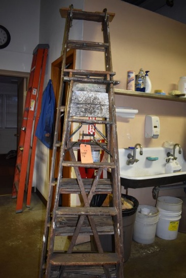 (3) WOODEN STEP LADDERS, (2) 6' AND (1) 8'