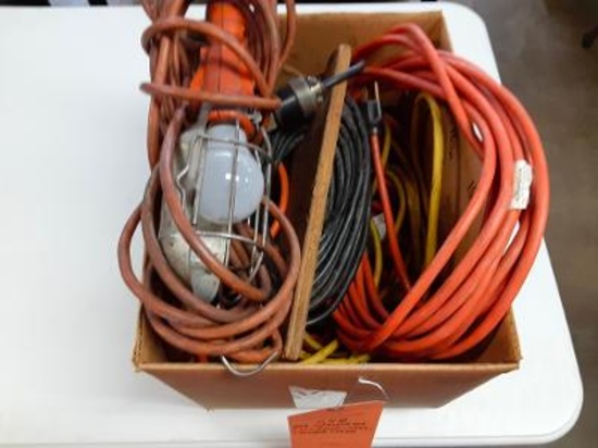 BOX W/ASSORTED EXTENSION CORDS & TROUBLE LIGHT