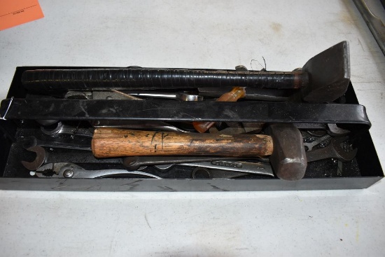 TRAY WITH ASSORTED HAND TOOLS; HAMMERS, WRENCHES,