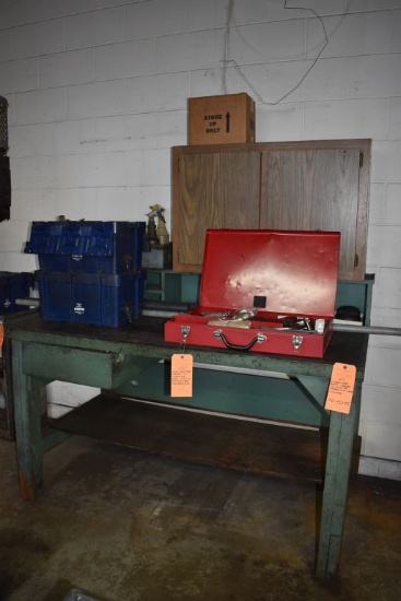 WORKBENCH, TWO DOOR CABINET AND METAL BOX FILLED
