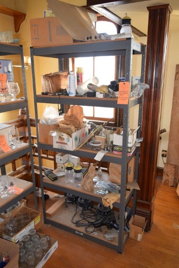 GRAY METAL SHELVING UNIT WITH PARTICLE BOARD