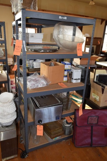 GRAY METAL SHELVING UNIT WITH PARTICLE BOARD