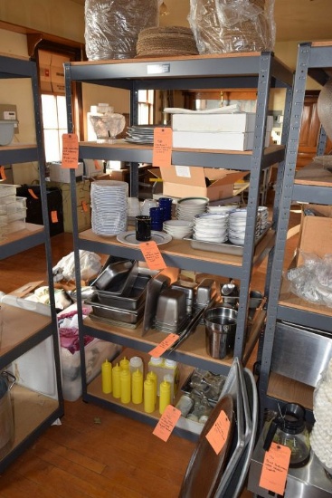 GRAY METAL SHELVING UNIT WITH PARTICLE BOARD