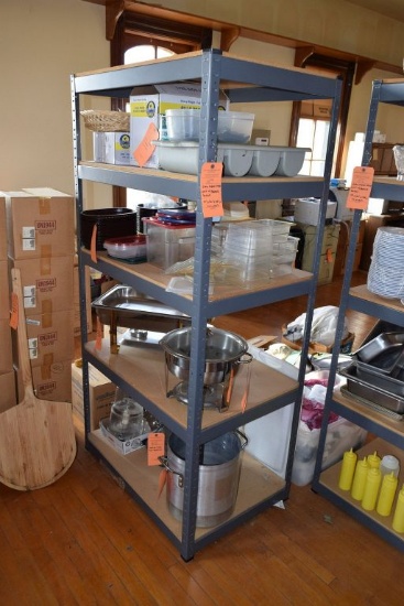 GRAY METAL SHELVING UNIT WITH PARTICLE BOARD